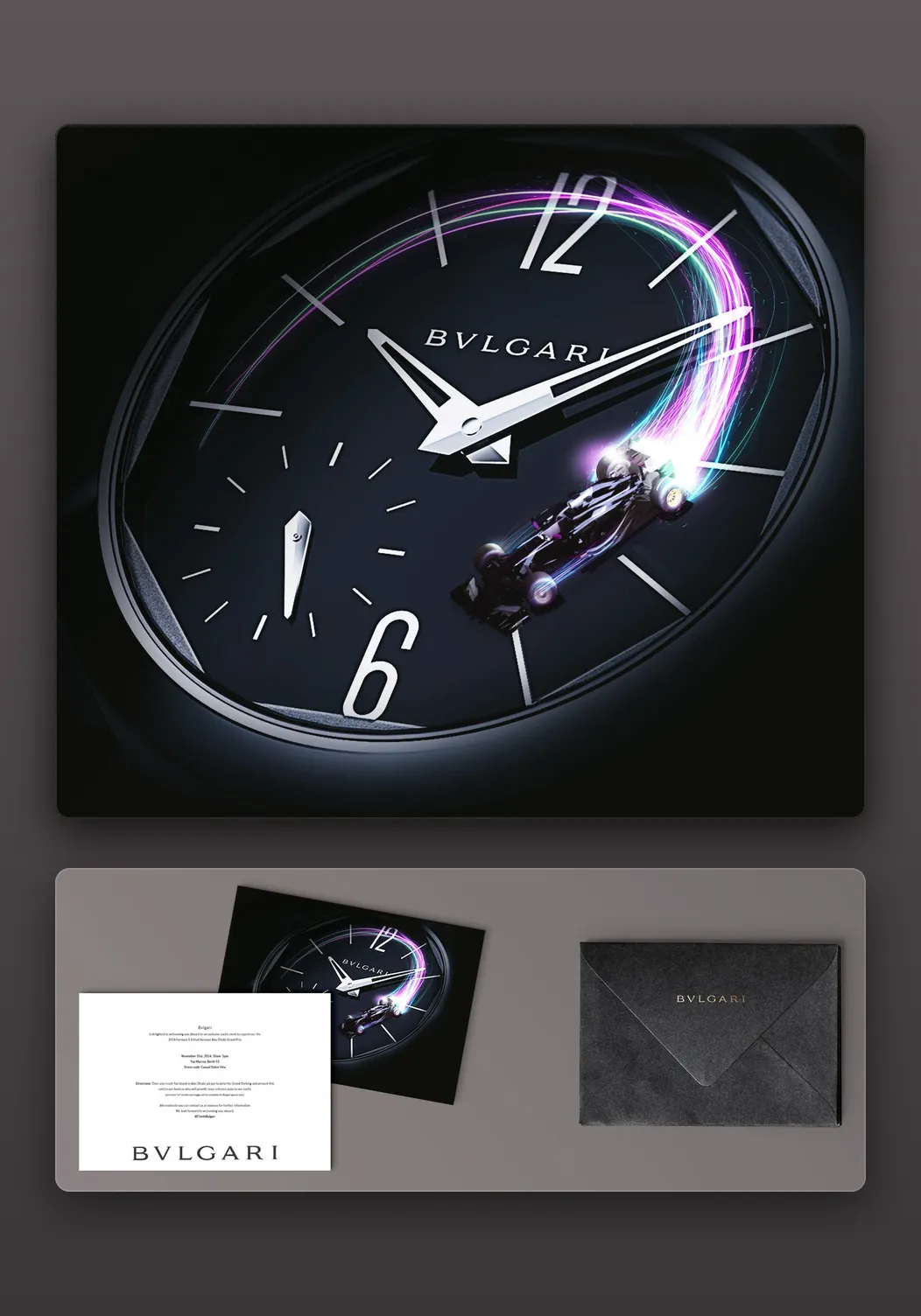 BVLGARI watch face with a Formula 1 car and streaks of light racing around the dial, above the printed invitation card, letter and black envelope.