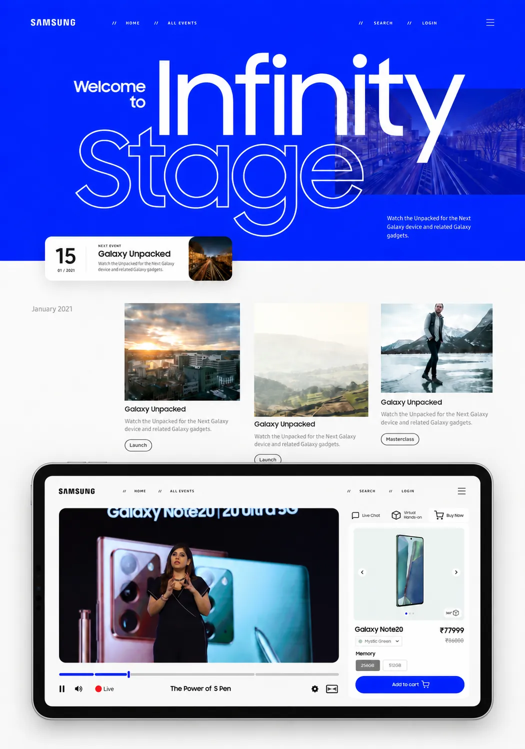 Samsung Infinity Stage homepage behind a floating iPad showing the live launch and integrated purchase panel.