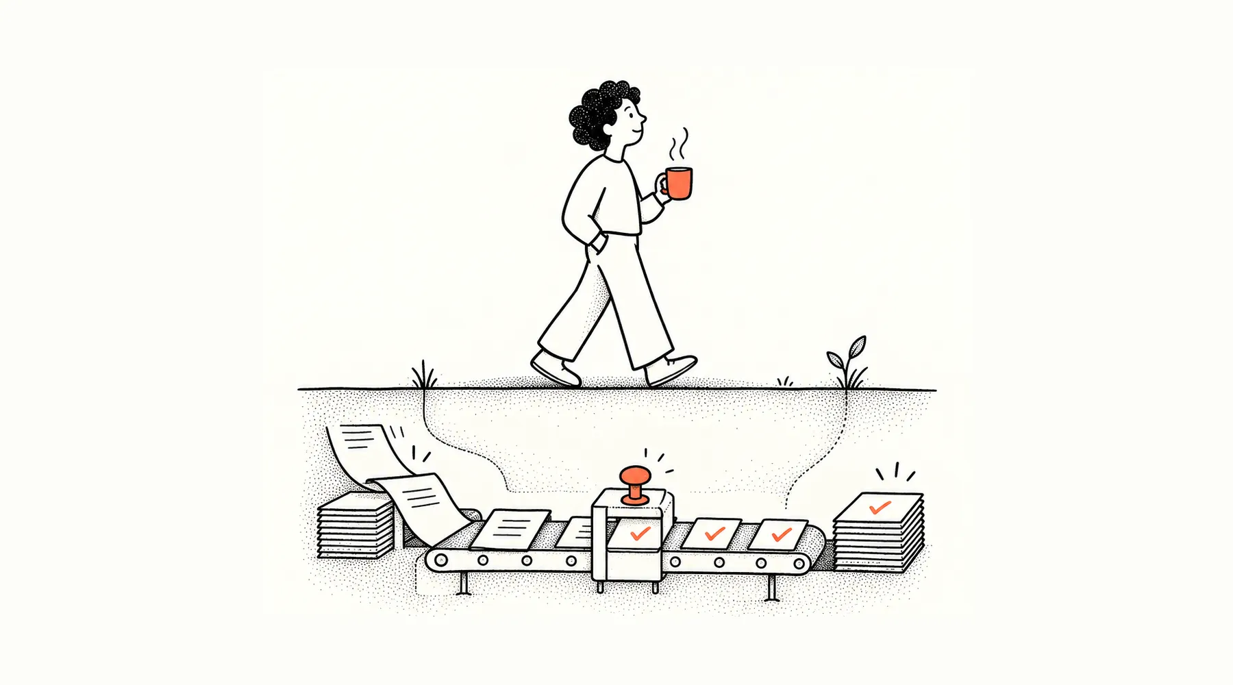 A person walks with a coffee while a conveyor quietly checks and sorts paperwork beneath the path