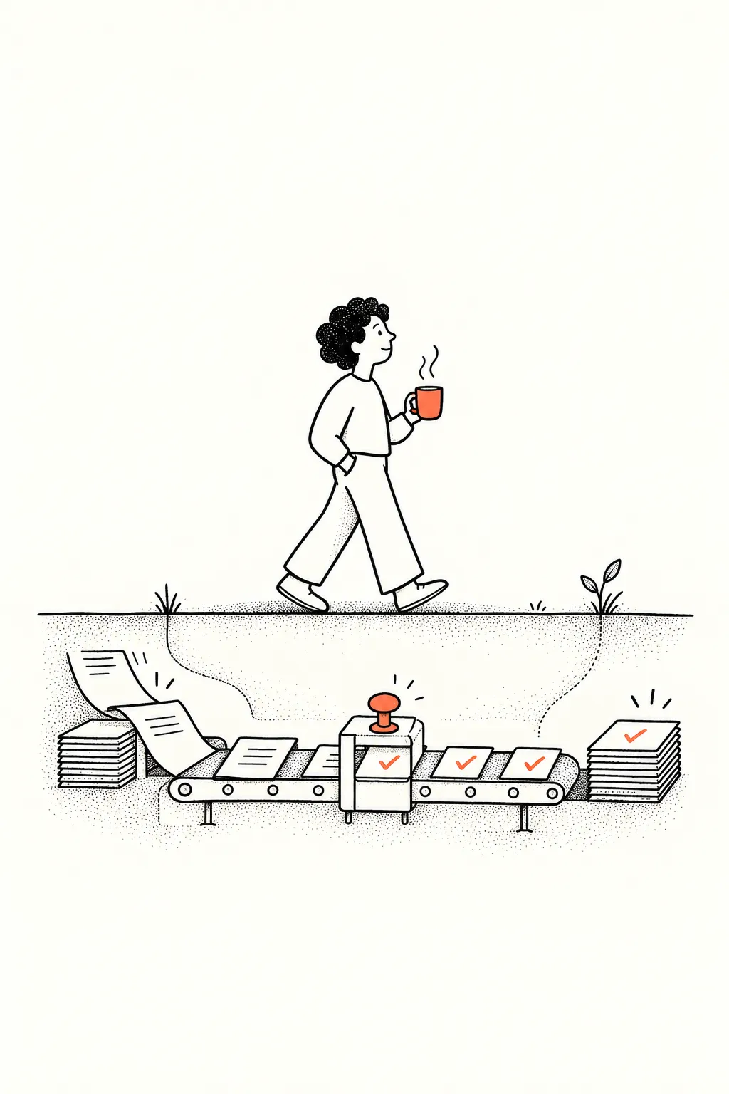 A person walks with a coffee while an automated conveyor quietly checks and sorts paperwork beneath the path.