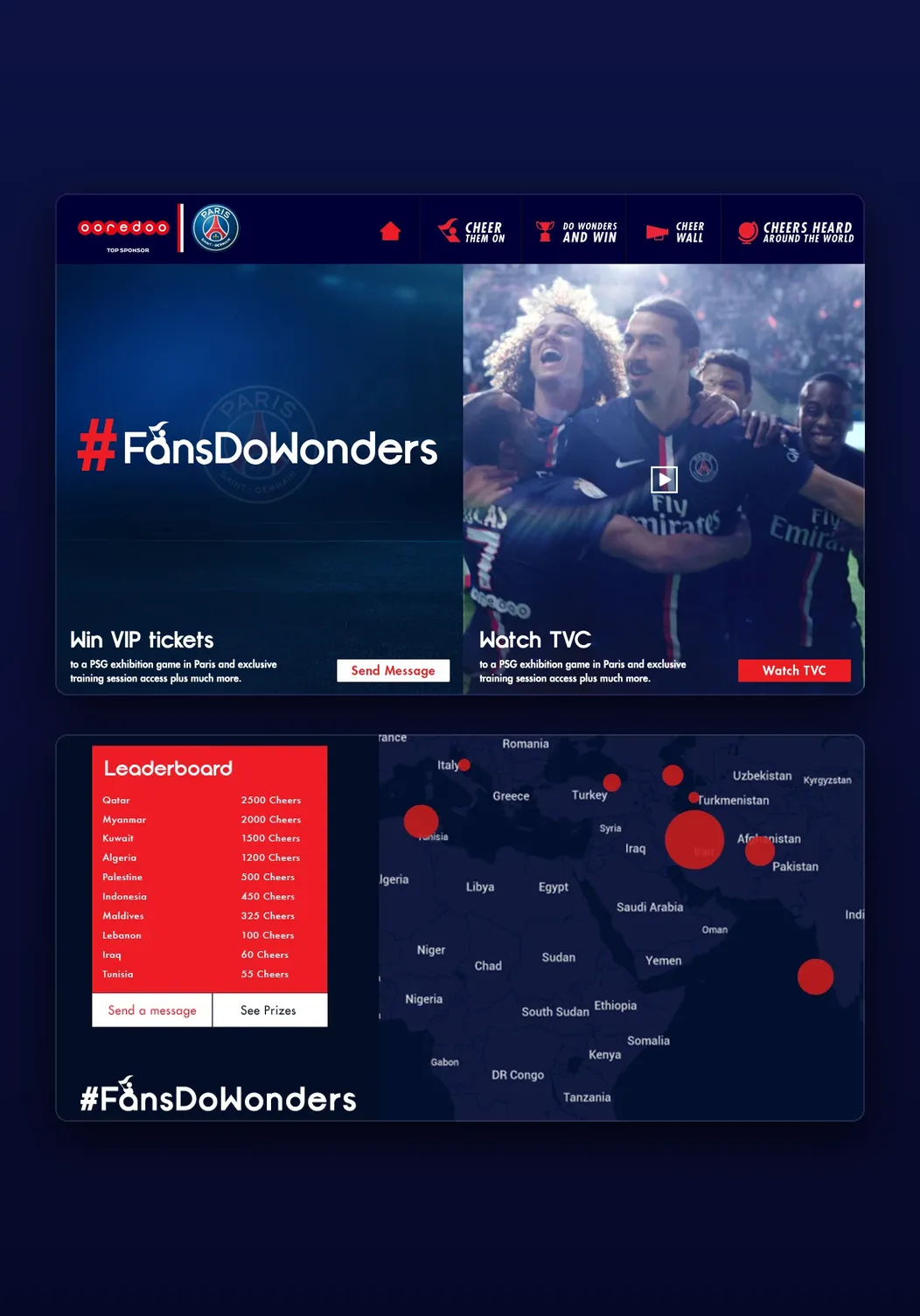 The Ooredoo and Paris Saint-Germain #FansDoWonders homepage above the Cheers Heard Around the World leaderboard and map.