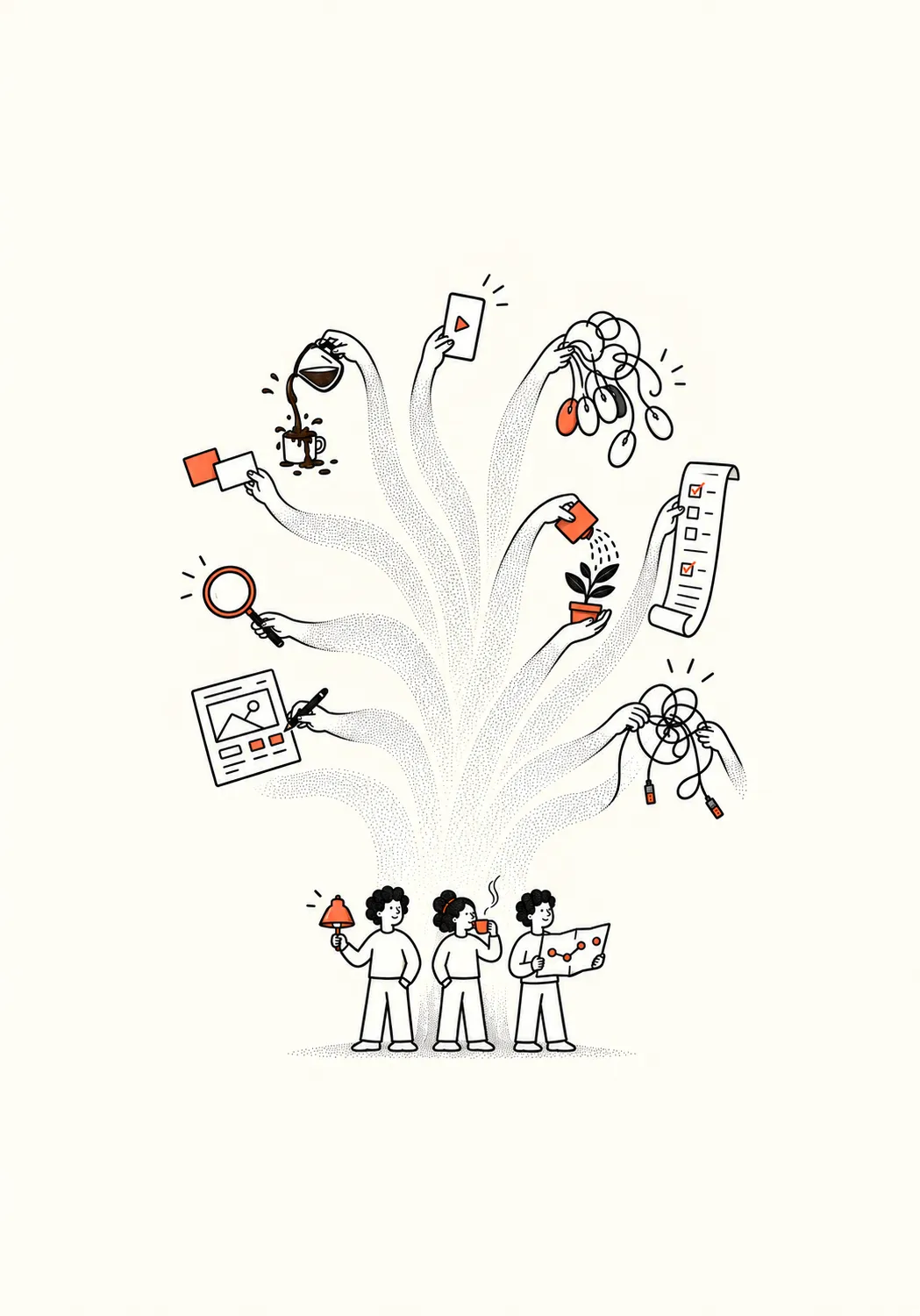 Three designers calmly direct many helping hands carrying out design tasks.