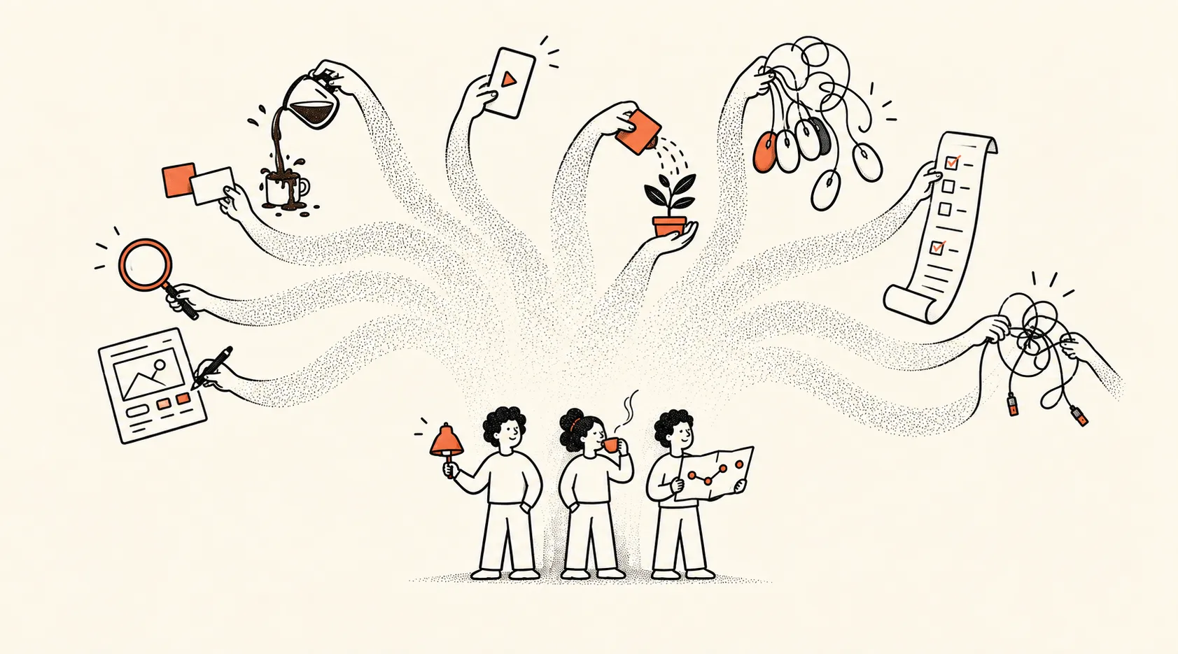 Three designers direct many helping hands carrying out design tasks