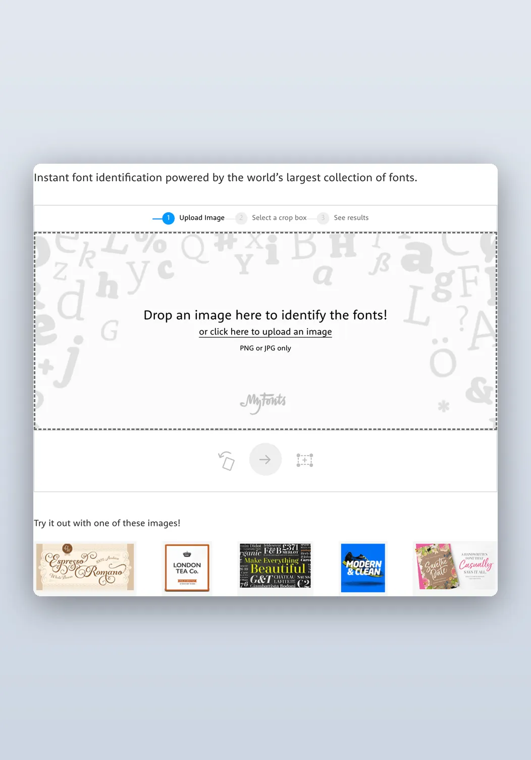 The previous WhatTheFont experience, with an image upload area and a three-step identification journey.